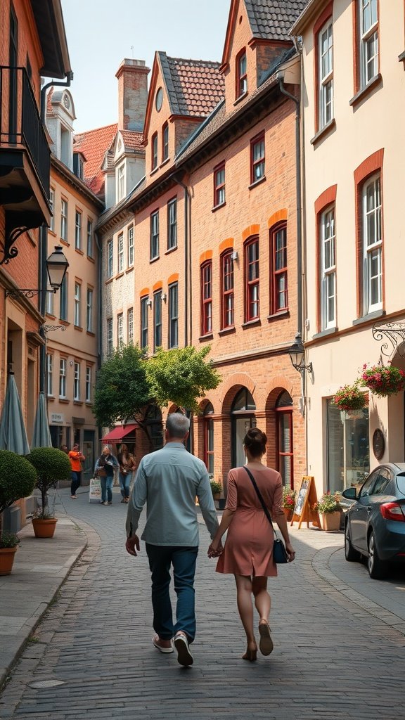 A couple walking hand in hand in a historic neighborhood with charming buildings.