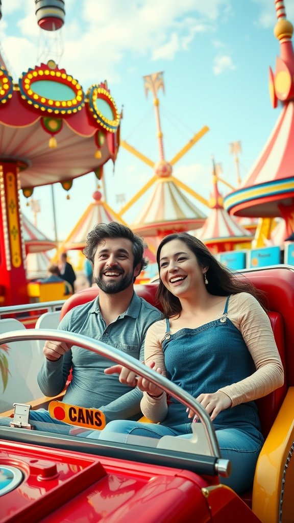 A couple enjoying a ride at a theme park, smiling and having fun.