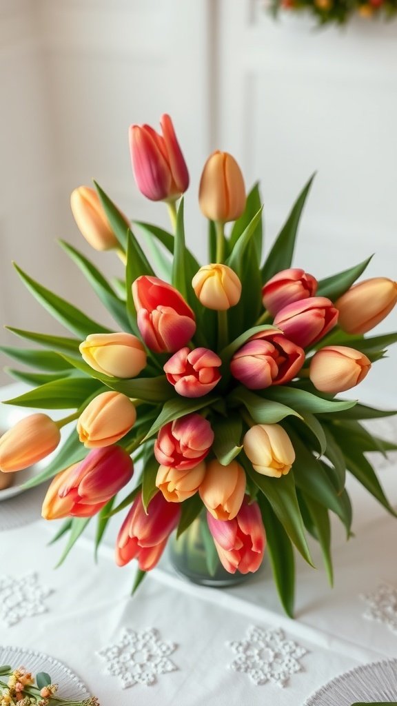 A bouquet of tulips in earthy hues, featuring shades of orange, pink, and yellow, arranged with lush green leaves.