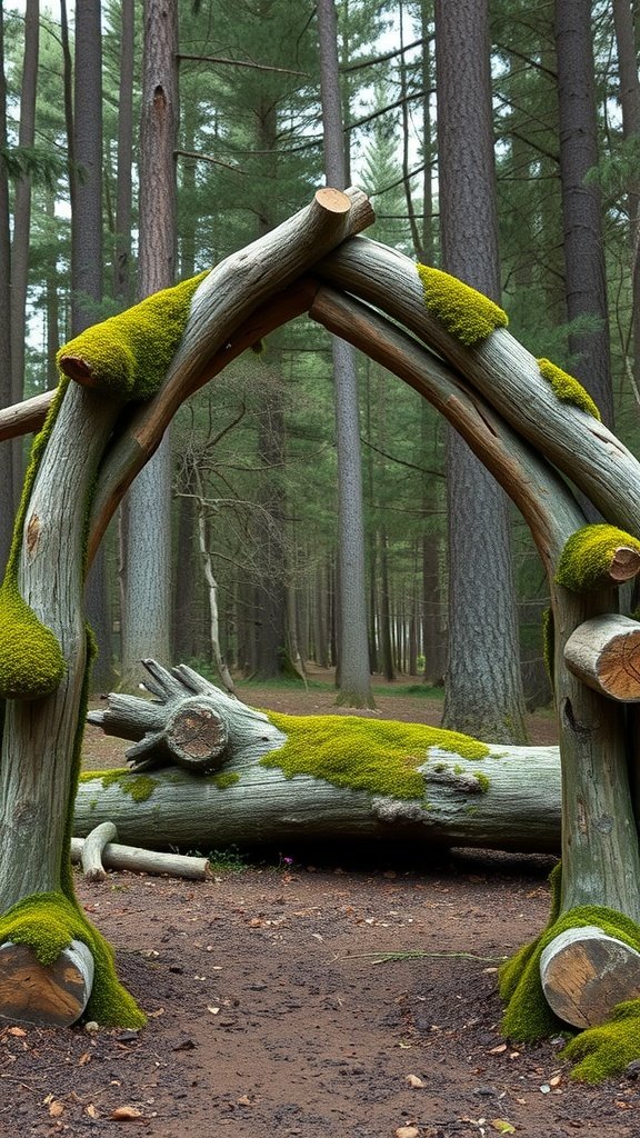 Rustic wedding arch made from fallen logs and moss in a forest setting.