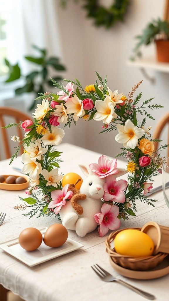 A festive Easter tablescape featuring a floral wreath, a plush bunny, and decorated eggs.