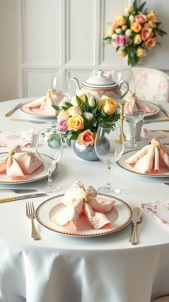A beautifully arranged Easter tea party table featuring pastel linens, floral napkins, and a decorative centerpiece.