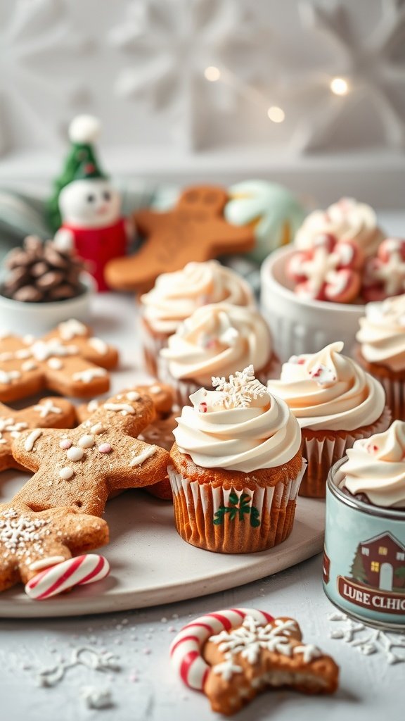 A beautiful array of festive winter desserts including gingerbread cookies, cupcakes, and peppermint treats, perfect for a winter wedding.