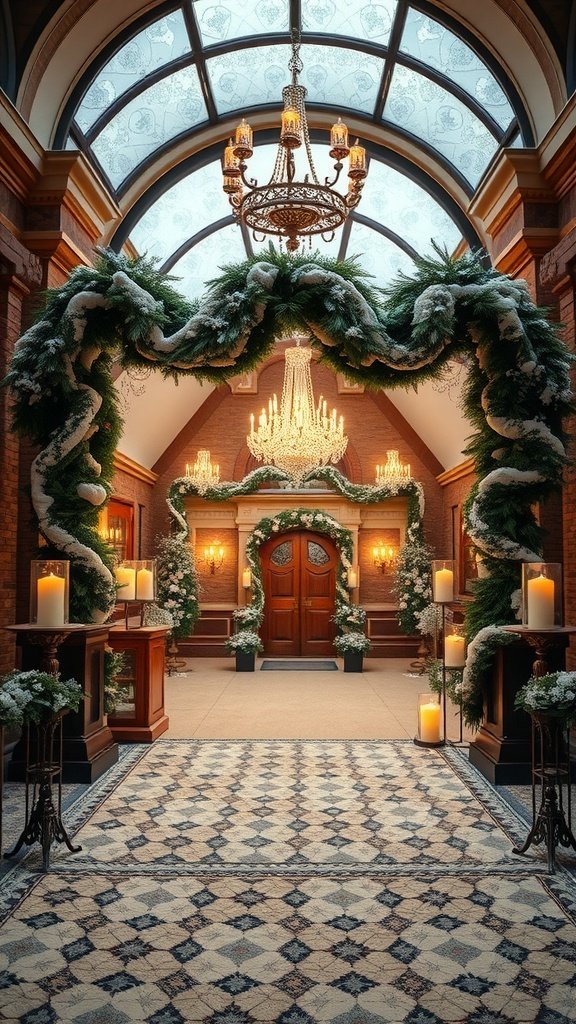 A beautifully decorated entrance for a winter wedding reception, featuring greenery, candles, and a chandelier.