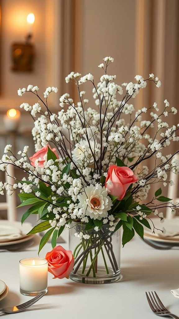 A floral centerpiece featuring baby’s breath and pink roses on a dining table with a candle.