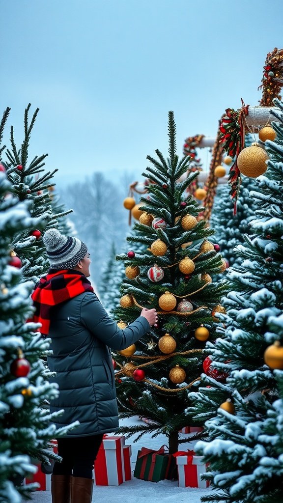 A woman enjoying the festive atmosphere while selecting a Christmas tree surrounded by snow and gifts.