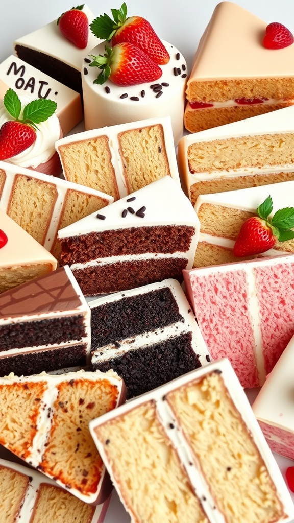 A colorful arrangement of cake slices resembling flower petals, showcasing various flavors and decorations.