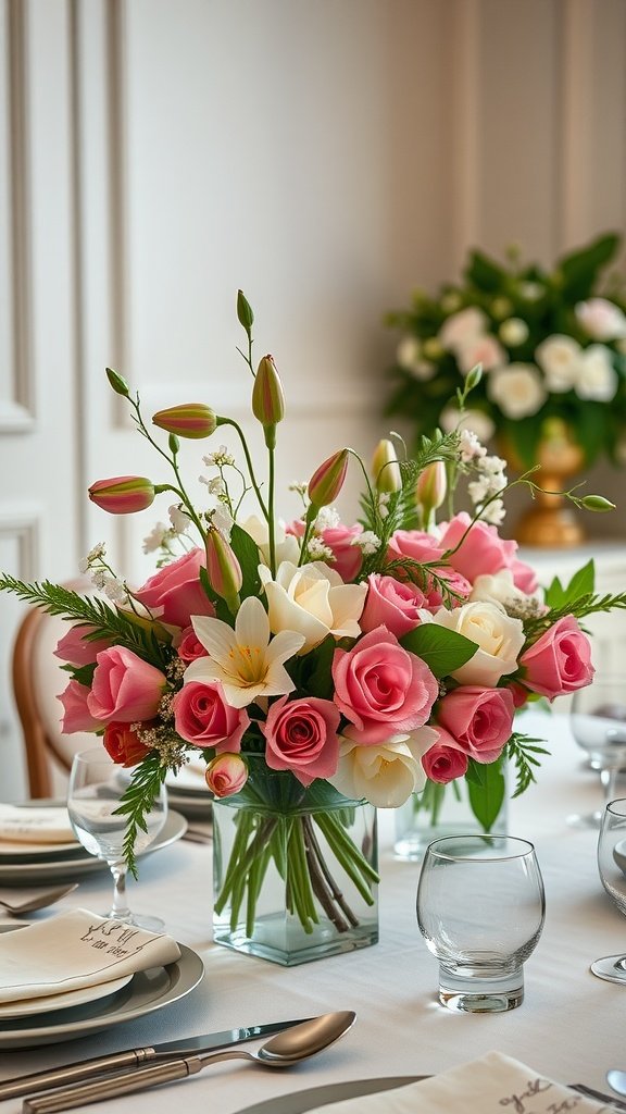 A beautiful floral centerpiece featuring pink roses and white lilies in a clear glass vase on a decorated table.