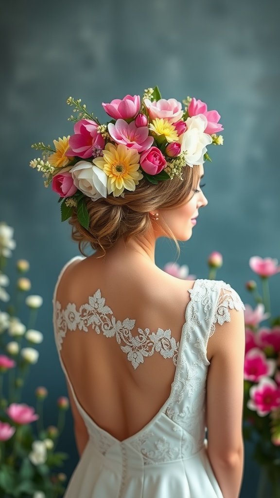 A bride wearing a colorful floral crown with tulips, daisies, and roses.