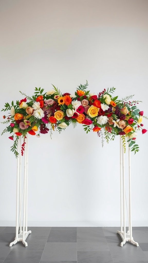A wedding arch decorated with a variety of fall flowers including roses, sunflowers, and greenery.