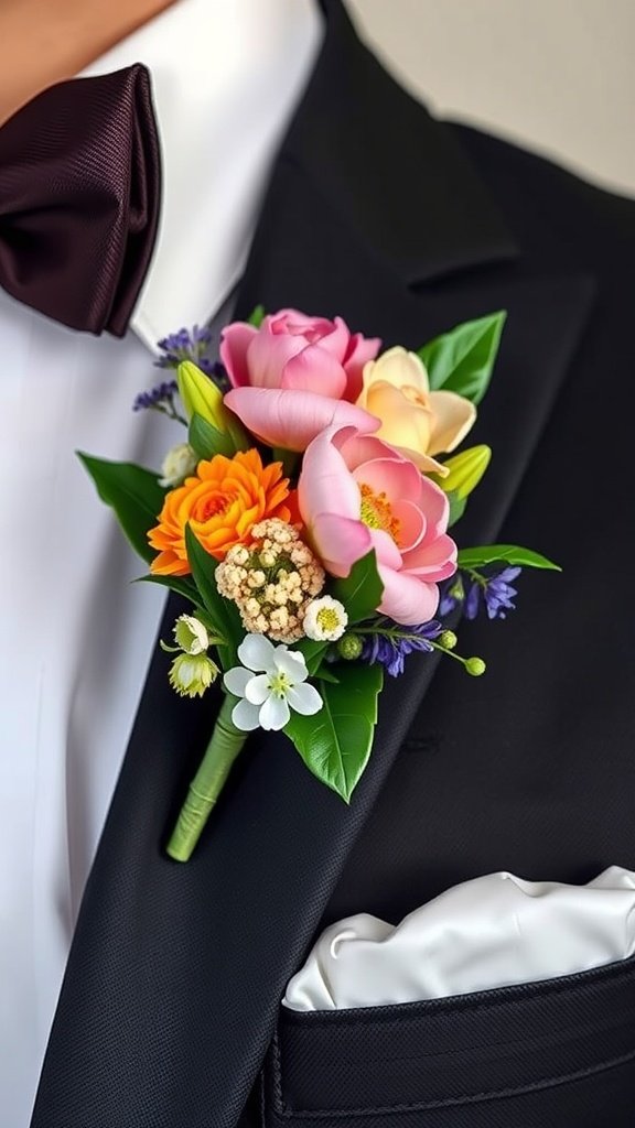 Groom's boutonniere featuring colorful spring flowers