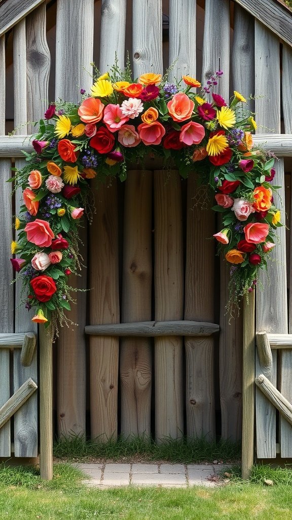 A rustic wedding arch adorned with a colorful flower crown, featuring vibrant roses and daisies against a wooden backdrop.