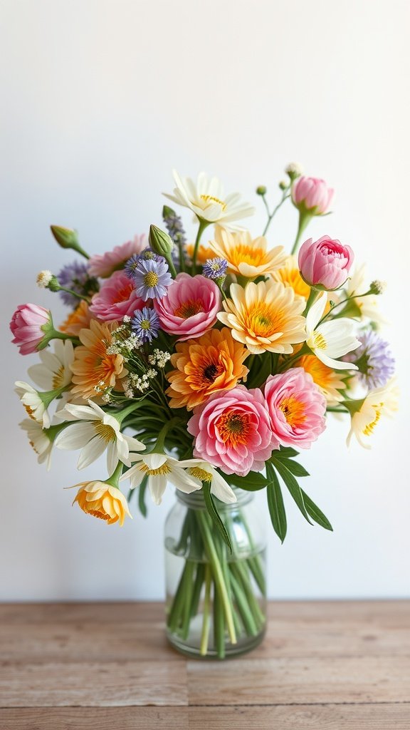 A vibrant bouquet of spring wedding flowers in a glass vase.
