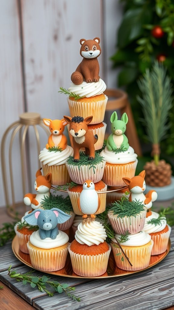 35 Enchanting Forest Wedding Cake Recipes for Your Dream Celebration A beautifully arranged cupcake tower featuring forest-themed decorations.