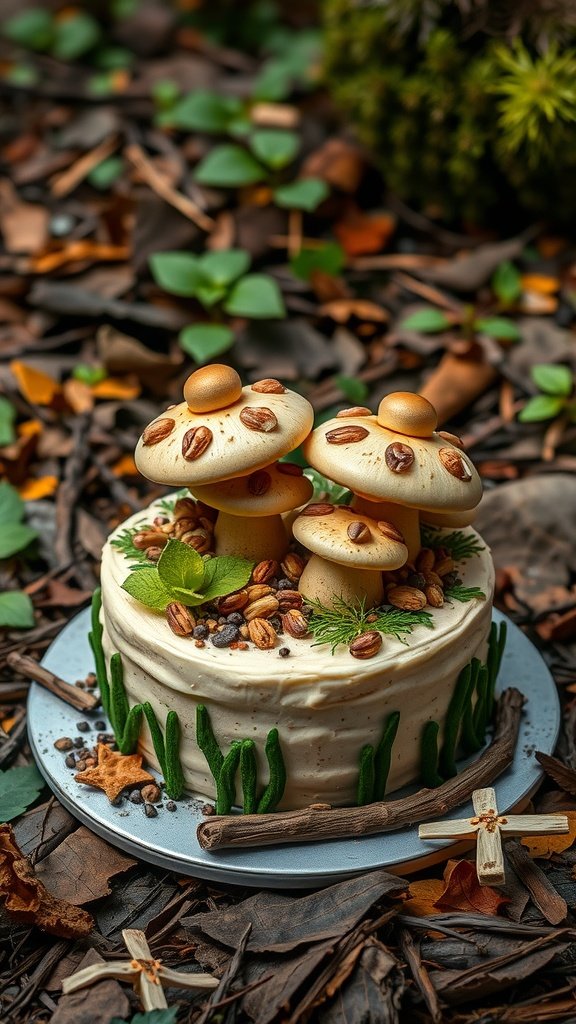 35 Enchanting Forest Wedding Cake Recipes for Your Dream Celebration A forest-themed wedding cake decorated with mushroom-shaped candies and nut toppings.