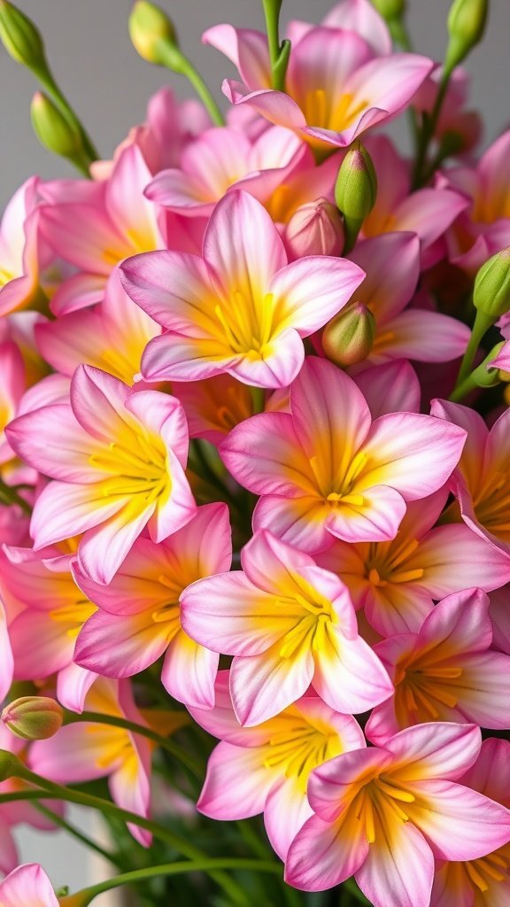 A vibrant bouquet of pink freesias with yellow accents, showcasing their beauty and freshness.