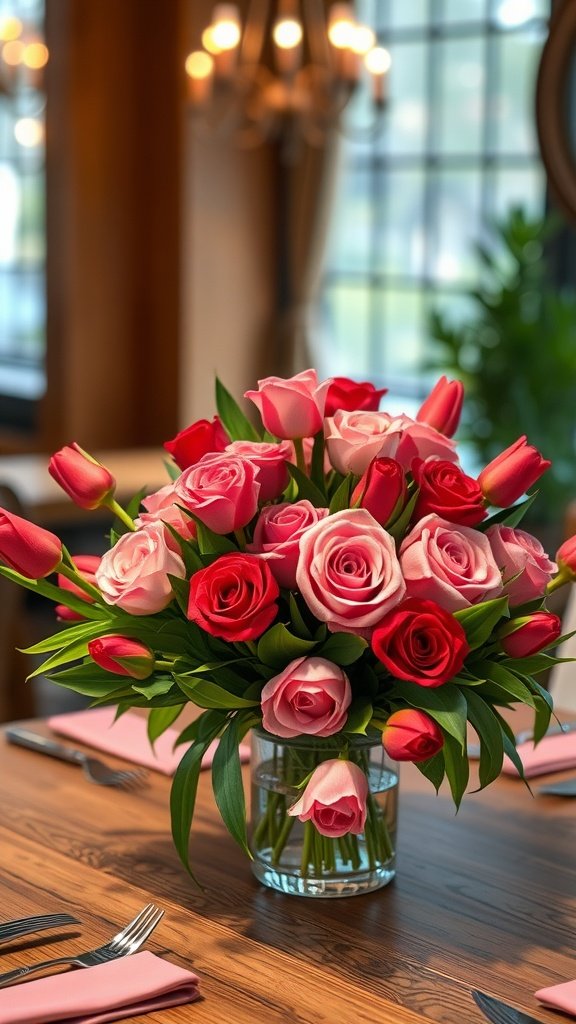 A vibrant centerpiece of red and pink roses and tulips in a clear vase on a wooden dining table. Valentines Table Decor