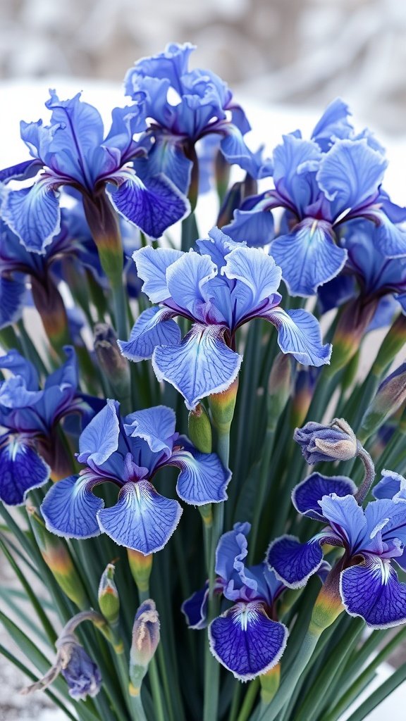 A bouquet of frosty blue iris flowers against a snowy background