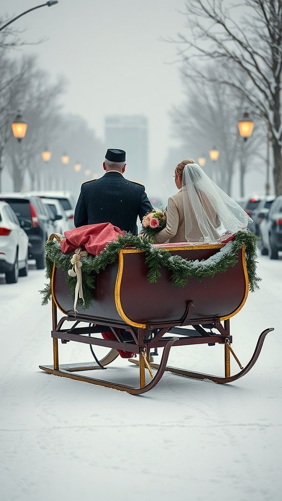 A couple in a decorated sleigh on a snowy street, dressed for a winter wedding