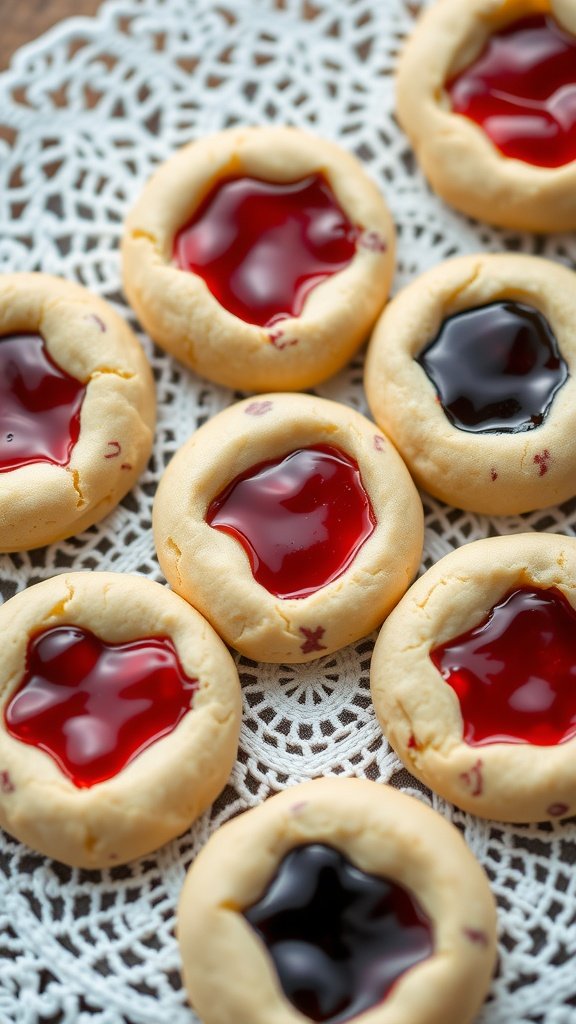 A close-up of fruit-filled thumbprint cookies with red and black jelly centers.