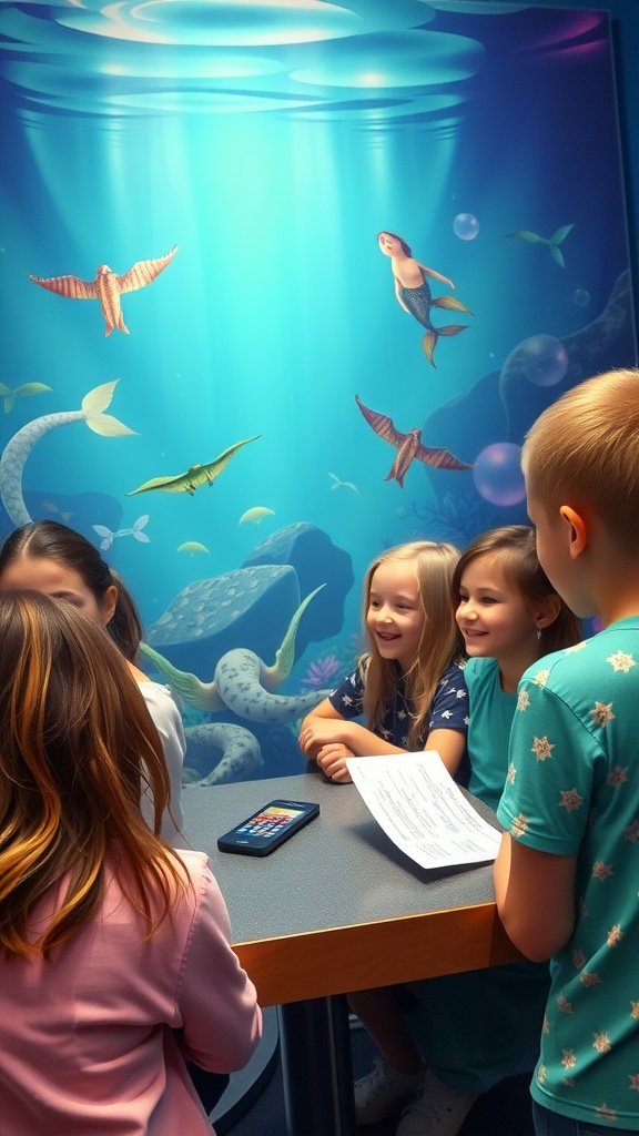Children participating in a mermaid trivia game with a colorful underwater background.