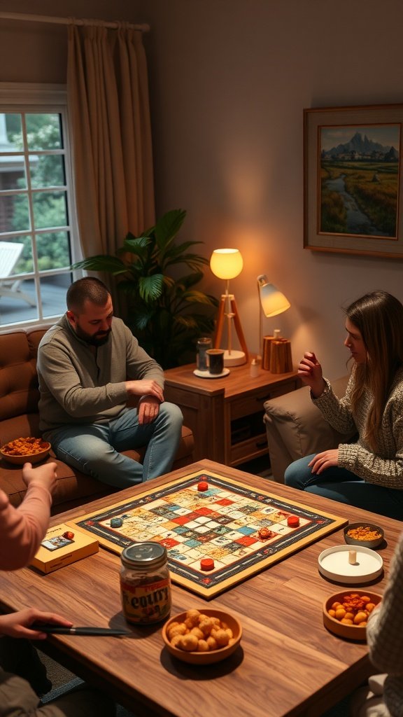 Friends enjoying a board game night indoors with snacks. Indoor Date Ideas