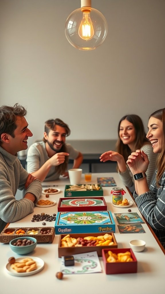 Four friends enjoying a game night with board games and snacks on the table. Double Date Ideas