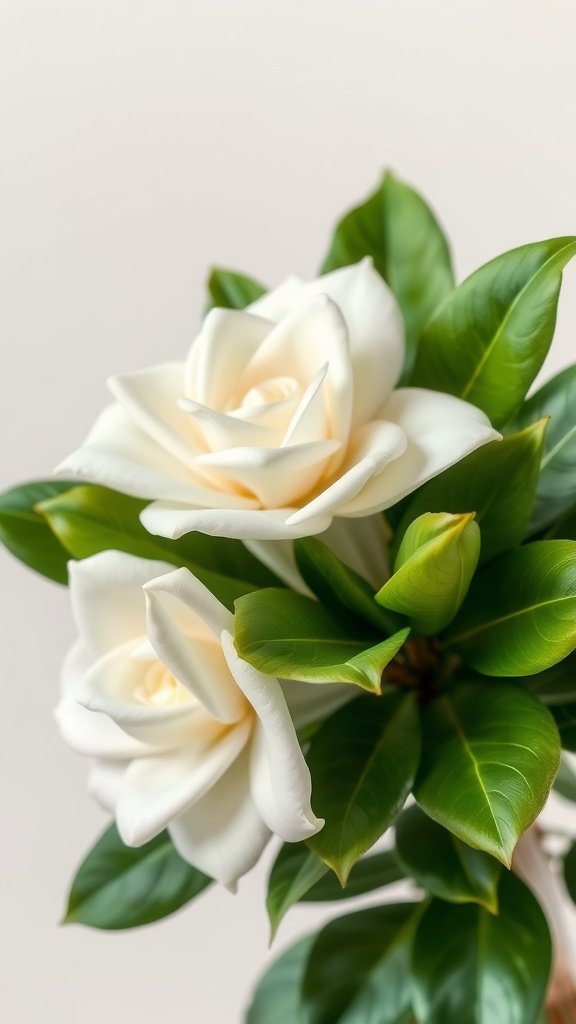 Close-up of gardenia flowers with lush green leaves