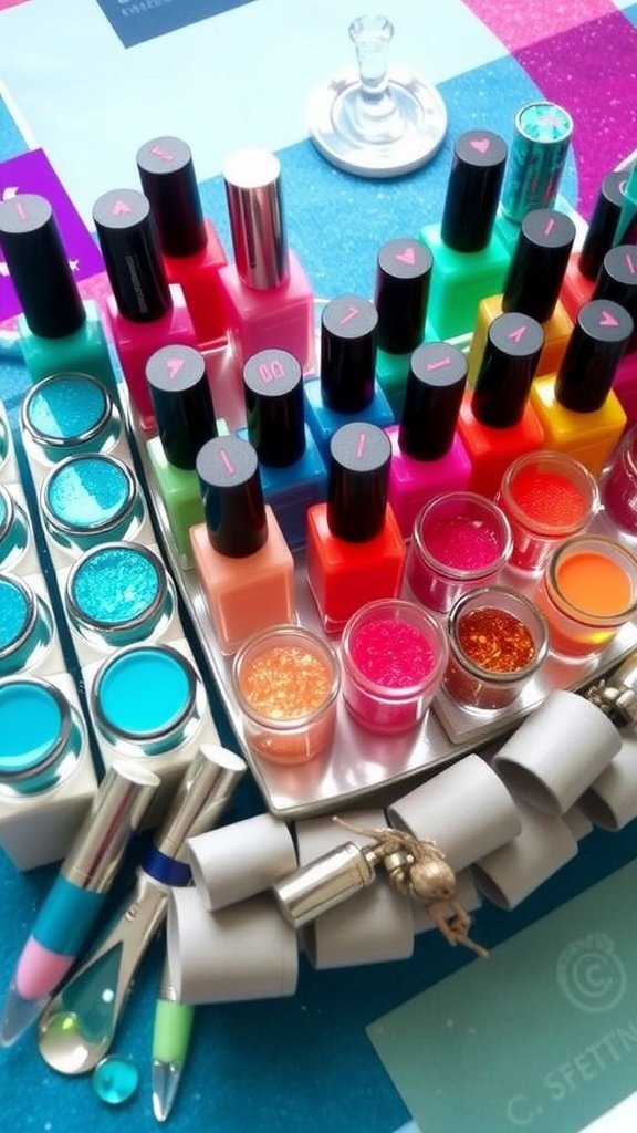 Colorful nail polish display for a mermaid party
