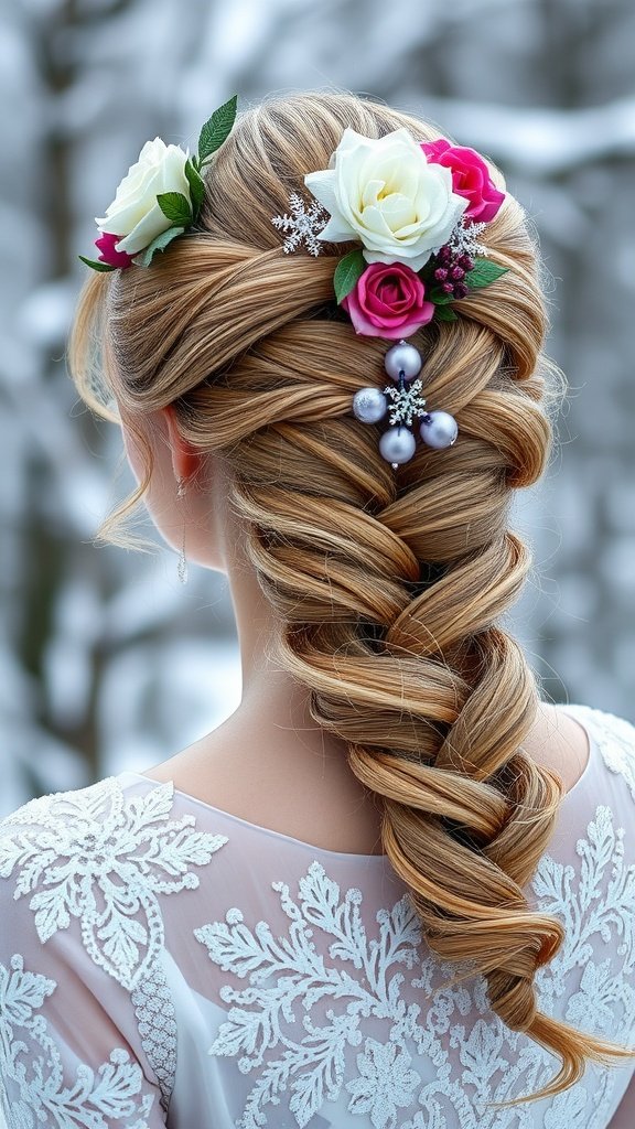 Beautifully styled braided hairstyle for a winter wedding, adorned with flowers and snowflake accents.