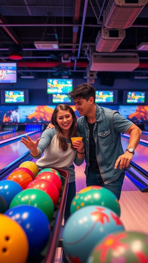 A couple at a bowling alley selecting colorful bowling balls, enjoying their date.