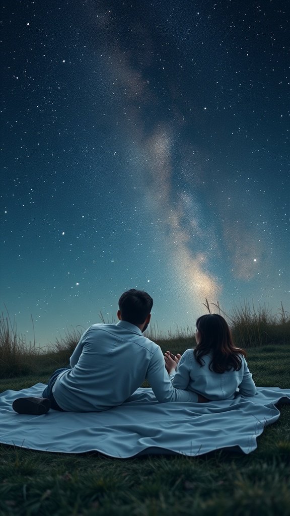 A couple lying on a blanket under a starry sky, enjoying a stargazing date.