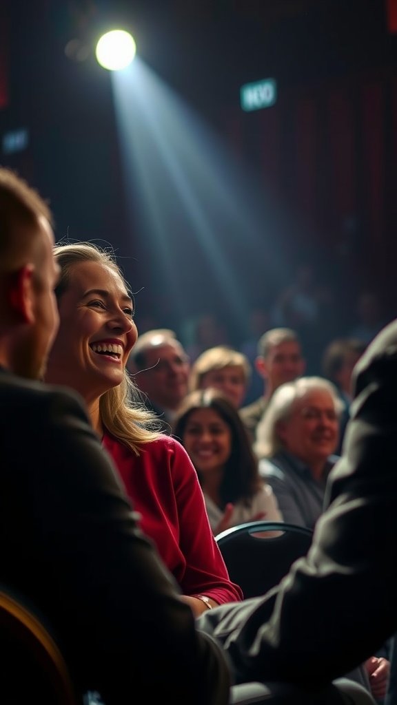 A lively comedy club scene with a woman smiling and laughing, surrounded by an engaged audience.
