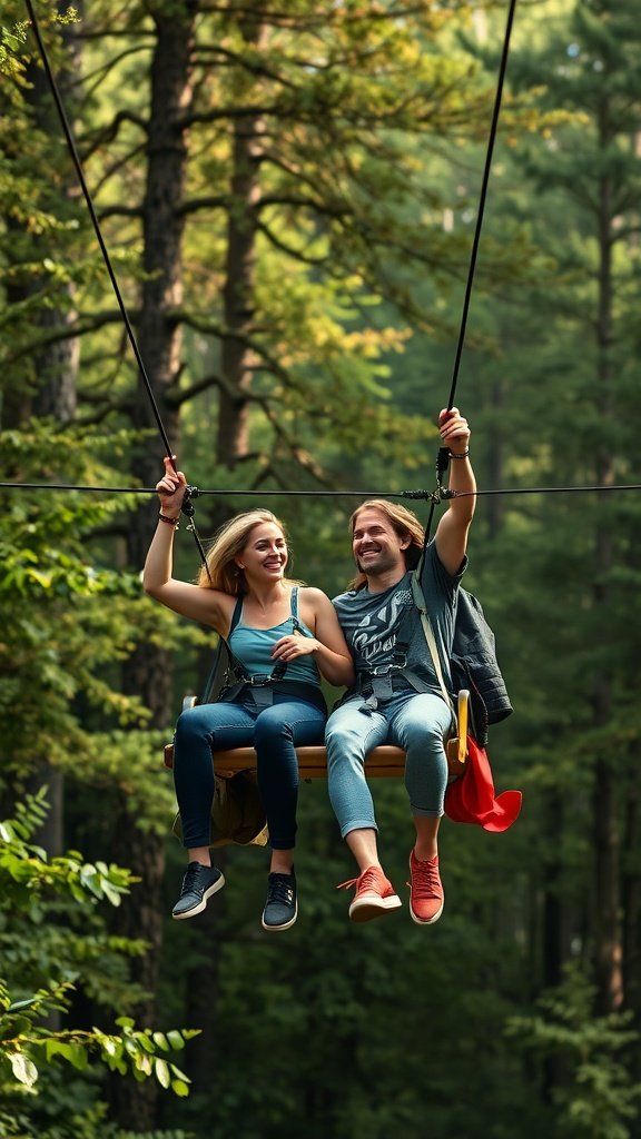 A couple enjoying a zipline ride in a forest, smiling and having fun.