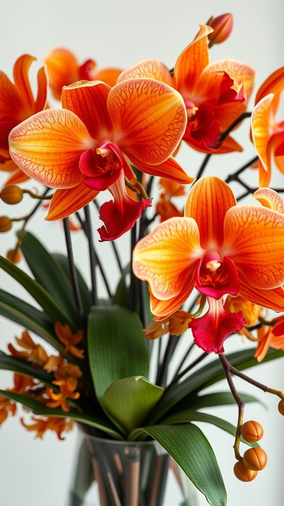 A vibrant arrangement of orange and red orchids with green leaves in a vase.
