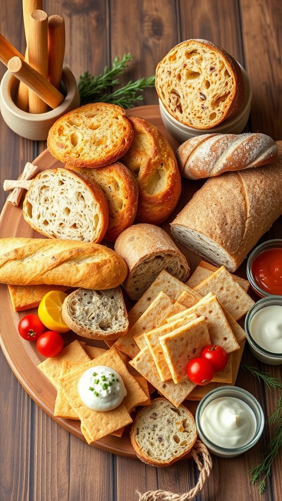 A wooden platter filled with assorted gourmet breads, crackers, and dips.