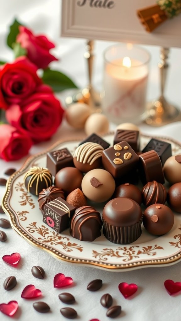 A gourmet chocolate display with assorted chocolates on a decorative plate, surrounded by roses and candlelight. Valentines Table Decor