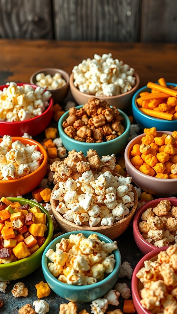 A variety of gourmet popcorn displayed in colorful bowls on a wooden table.