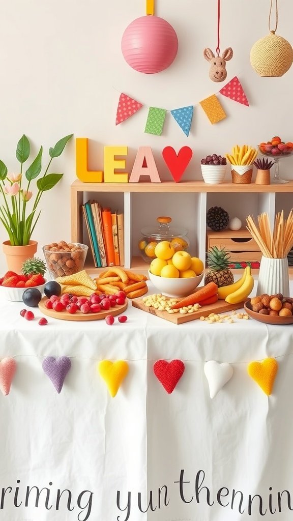Colorful kids grazing table with fruits, snacks, and decorations