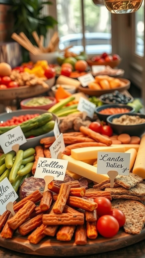 A beautifully arranged grazing table with various foods and labeled signs for each item.