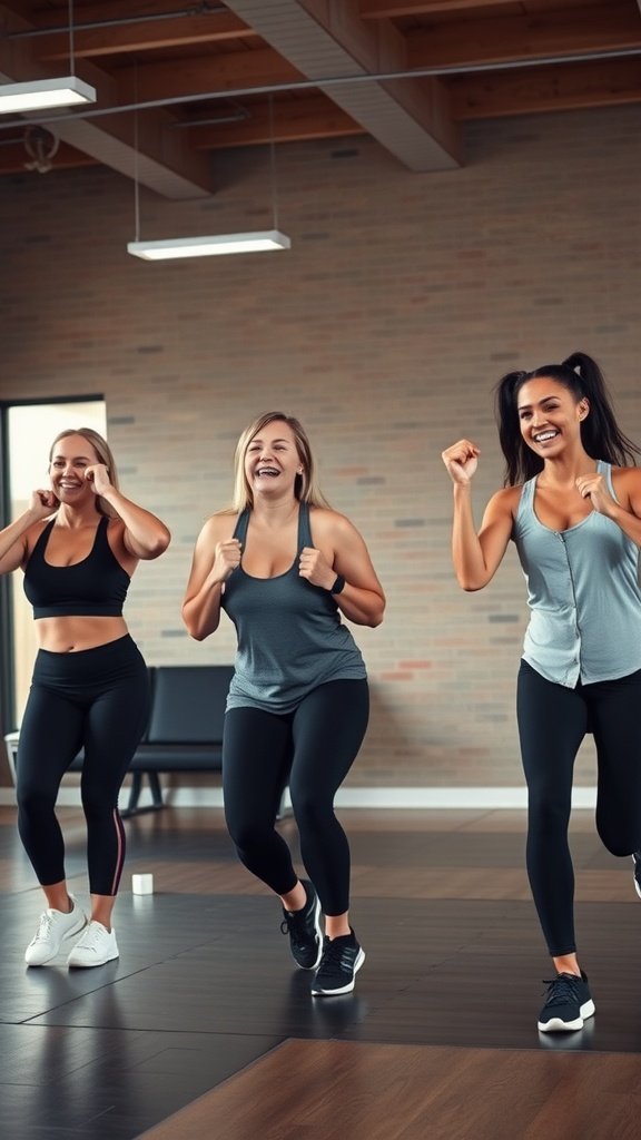 Three women enjoying a group fitness class, smiling and exercising together