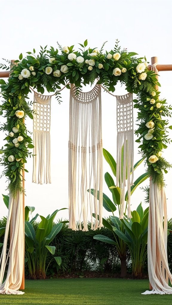 A rustic wedding arch featuring hanging macramé, flowers, and greenery.