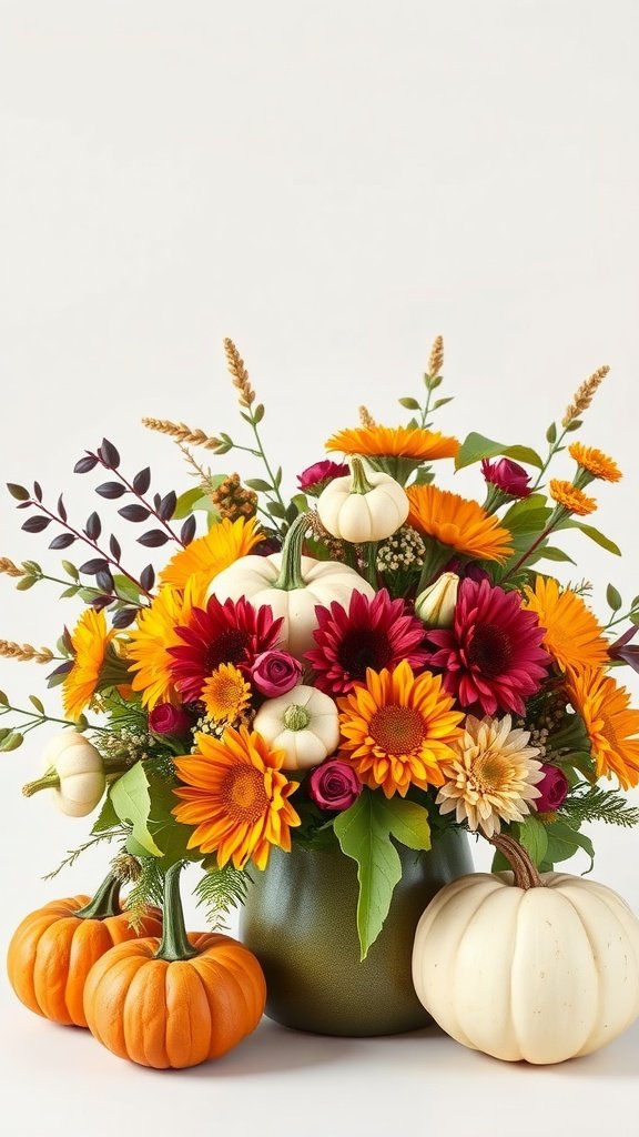 A vibrant fall wedding flower arrangement featuring sunflowers, roses, and small pumpkins in a green vase.