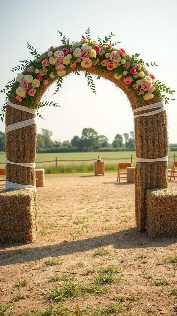 A rustic wedding arch made from hay bales adorned with flowers, set in a natural outdoor setting.