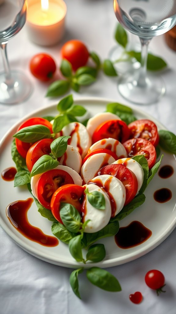 Heart-shaped Caprese salad with tomatoes, mozzarella, and basil.
