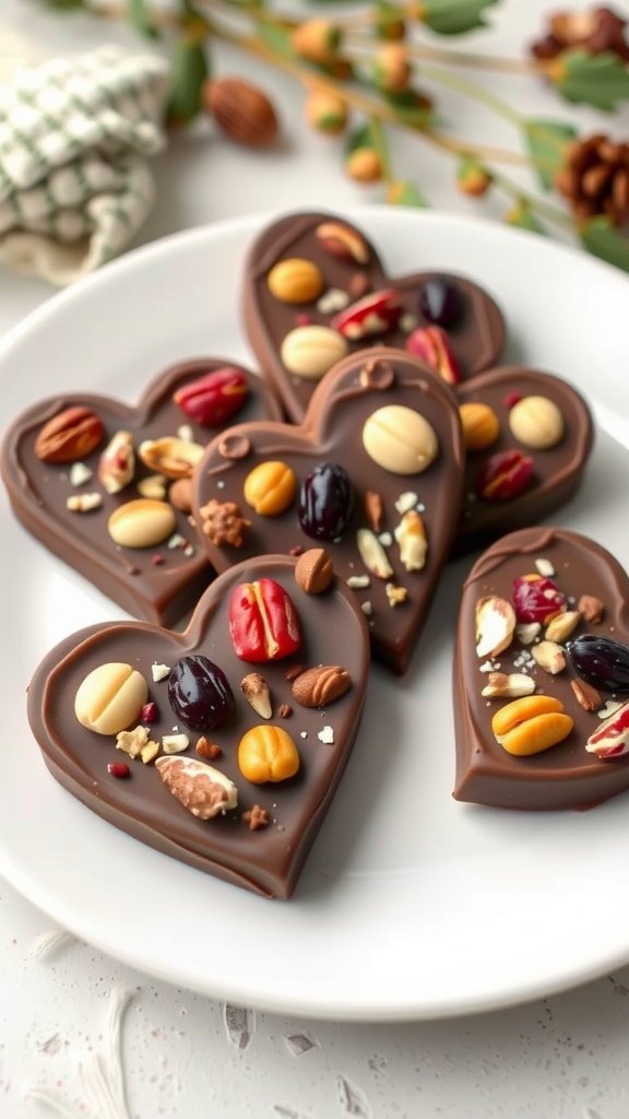 Heart-shaped chocolate bark with nuts and dried fruits