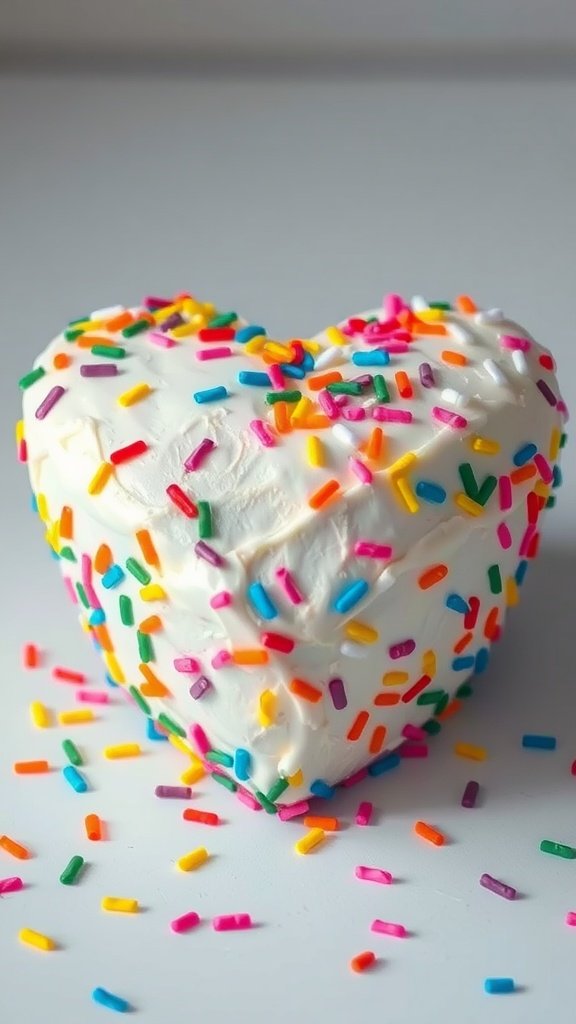 A heart-shaped funfetti cake covered in white frosting and colorful sprinkles