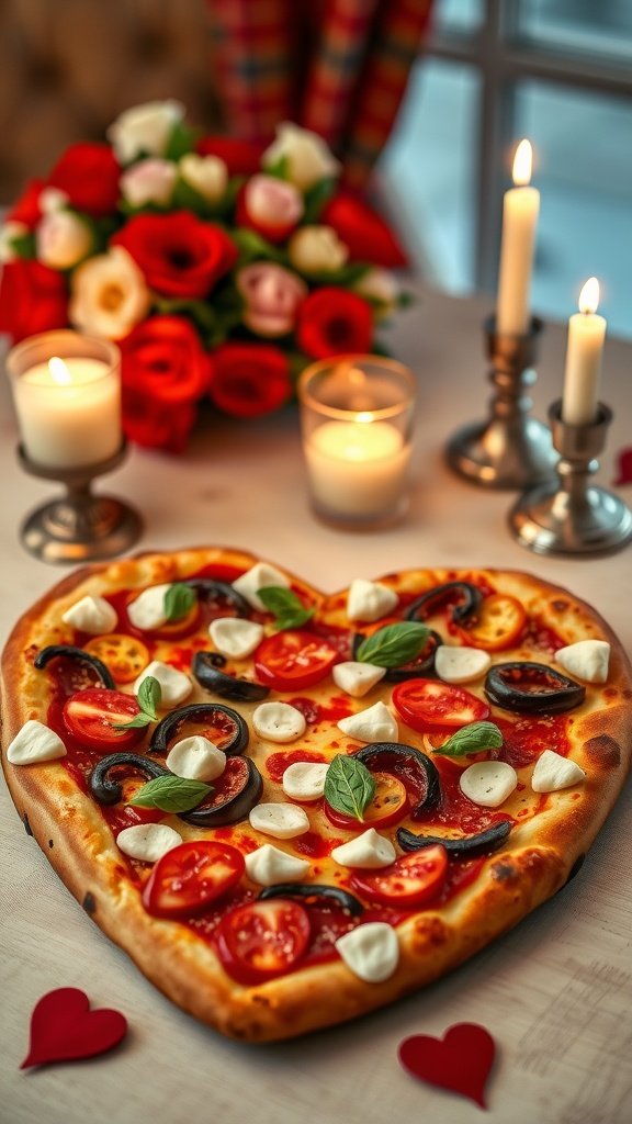 A heart-shaped pizza topped with fresh ingredients ready for Valentine's Day.