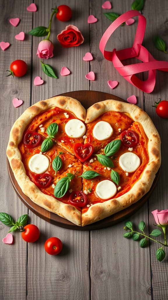 Heart-shaped pizza topped with mozzarella cheese, cherry tomatoes, and basil, decorated for Valentine's Day. Valentine’s Day Food Ideas
