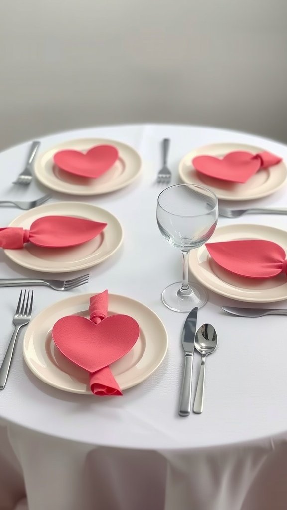 A beautifully set table with heart-shaped pink napkins and plates for Valentine's Day. Valentines Table Decor